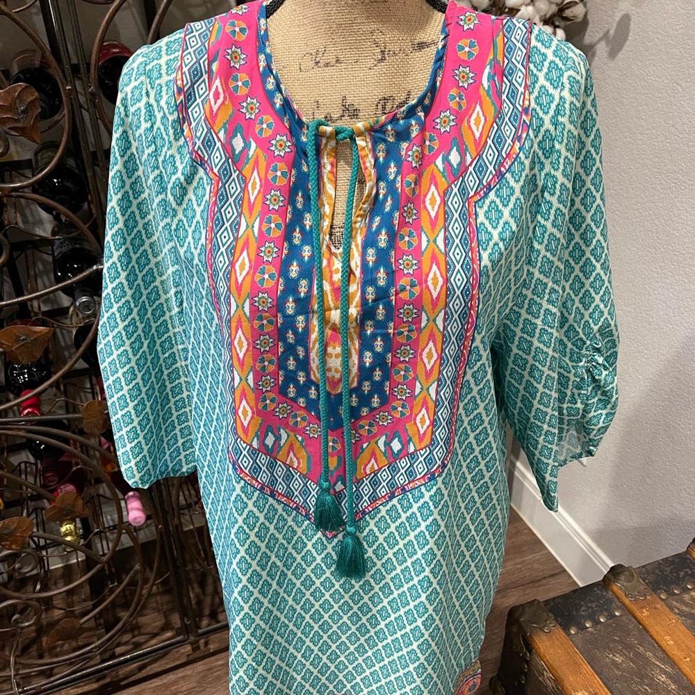 Vibrant Teal and Pink Women's Swim 3/4 length sleeve Swim Coverup - Picture 2 of 9